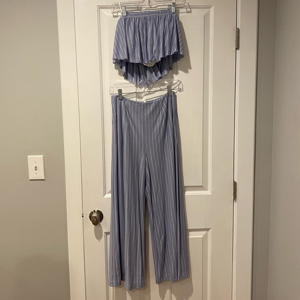 Sage the Label Blue & White Striped Strapless Top & Pant Matching Set